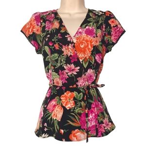 OLM Colorful Pink Orange Floral Print Crossover Faux Wrap Short Sleeve Top S
